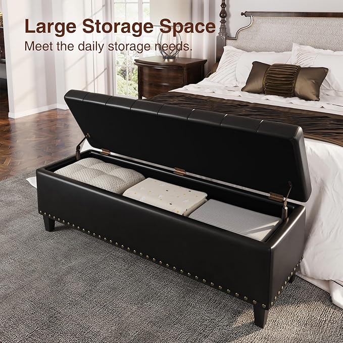 Storage Ottoman Bench, 51-Inch Large Storage Bench for Bedroom End of Bed, 30 Gallons Faux Leather Bench with Storage for Bedroom, Living Room, Entryway, Hallway, Black