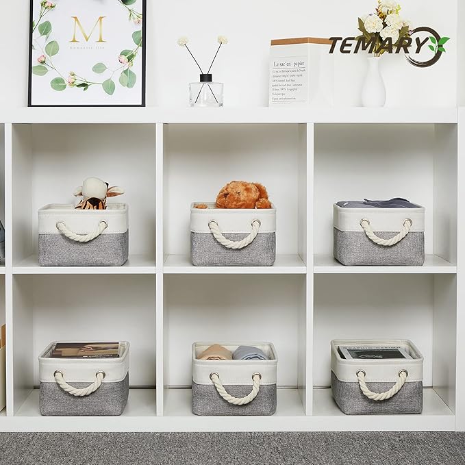 Temary Small Storage Baskets for Organizing 6Pcs Small Storage Bins, Decorative Collapsible Fabric Gift Baskets Empty for Home (White&Grey,11.8L x 7.9W x 5.3H inches)
