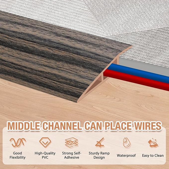 Floor Transition Strip Self Adhesive Vinyl Door Threshold for Doorways Carpet Edging Trim Overlap Edge Reducer for Laminate Floor, Carpet, Tile (Smoked Brown Wood Grain, 3/5" to 4/5", 10Ft)