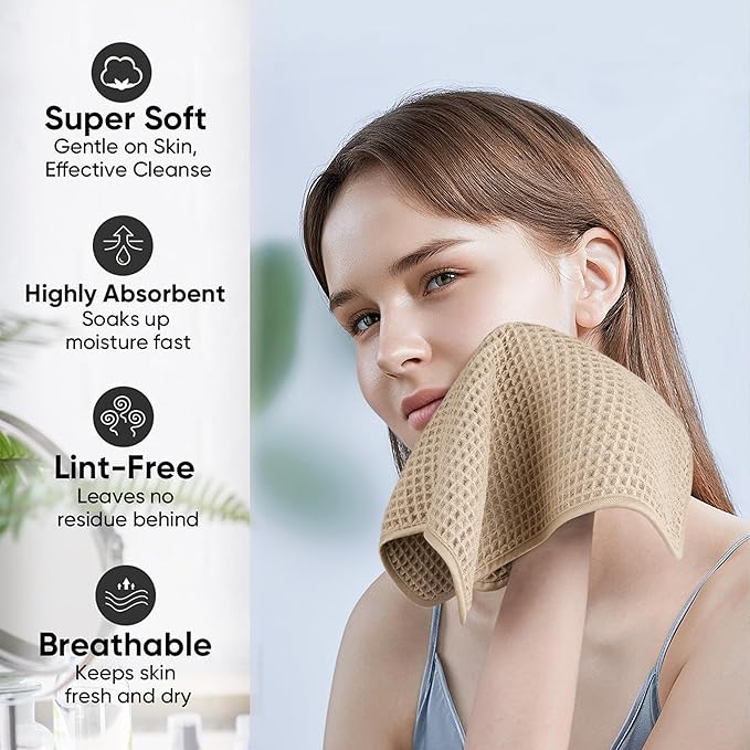 Microfiber Waffle Face Towels, 2 Pieces, Soft, Absorbent, Fast Drying, Lint Free (Beige)
