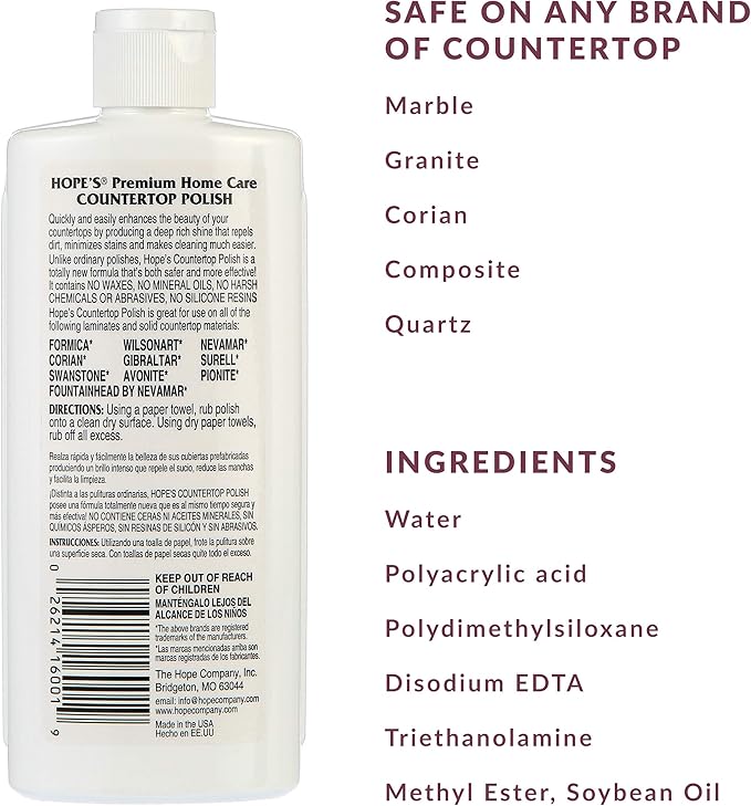 HOPE'S Countertop Restoration Polish, Streak-Free Kitchen Counter Cleaner, No Buildup Countertop Cleaner, Quartz, Marble, Corian, Composite, and Granite Cleaner and Polish, 8 Fl Oz, Pack of 2