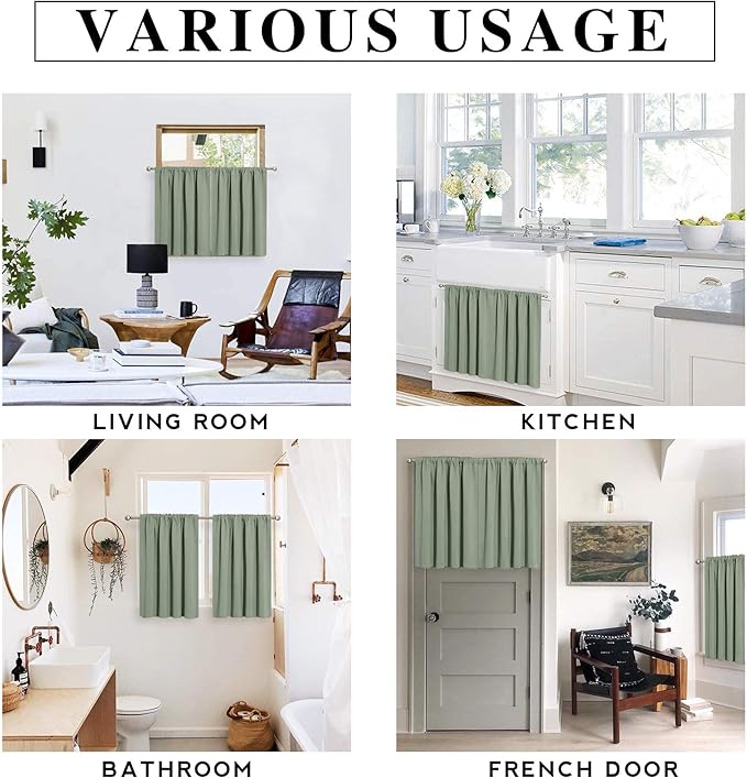 RYB HOME Bedroom Curtains Blackout - Light Block Energy Efficiency Small Window Treatment Drapes for Kitchen Dining Baby Nursery Morden Decor, W 42 x L 63 inch, Sea Green, 2 Panels