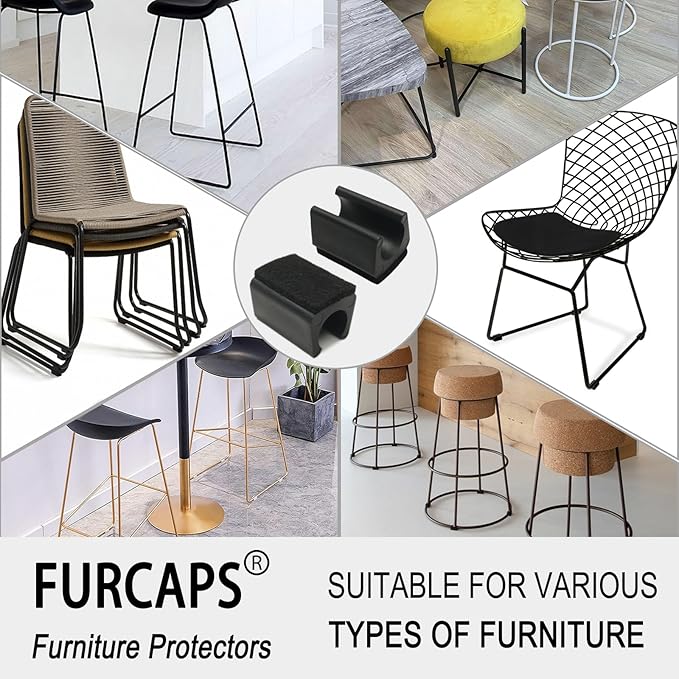 Rectangle U Shaped Chair Leg Tips Cap with Felt Pads,Furniture Feet Protectors Slide Smoothly Glides,Protect Hardwood Floor No Scratches No Noise,Fit 16mm(5/8inch) Diameter Tubular Legs (Black 8PCS)