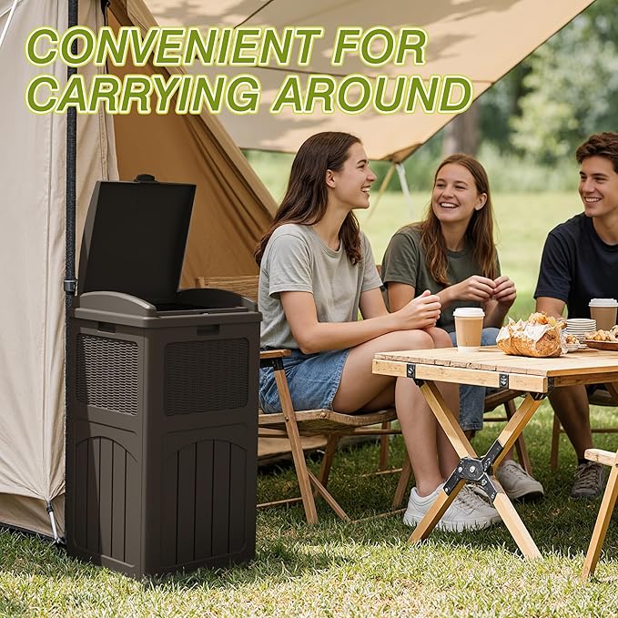 Greesum 33 Gallon Outdoor Trash Can with Lid, Waterproof Resin Garbage Bin for Hideaway, Deck, Patio, Dark Brown