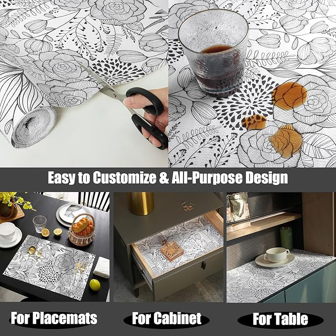 Floral Drawer and Shelf Liner for Kitchen 16IN x 10FT, Non-Adhesive and Strong Non-Slip Cabinet Drawer Liners, Waterproof Thickened Shelf Liner,Easy to Clean,Black and White