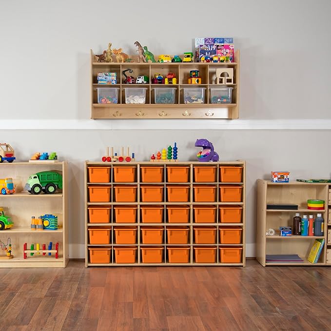 Wood Designs Cubby Storage Bin, Heavy Duty Plastic Containers for Kids Orange Cubby Tray Set of 20