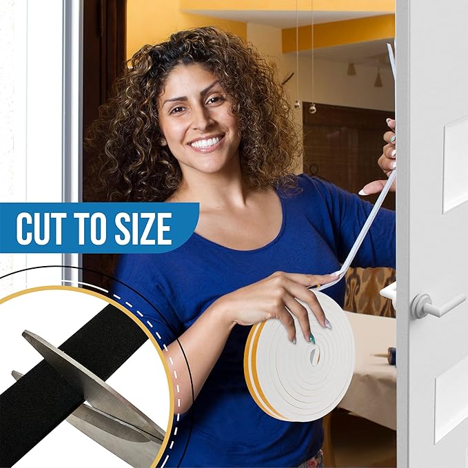 High Density Foam Weather Stripping Door Seal Strip Insulation Tape Roll for Insulating Door Frame, Window, Air Conditioner | Self Adhesive Sealing Weatherstrip (White, 1 in x 1/8 in x 30 Ft)