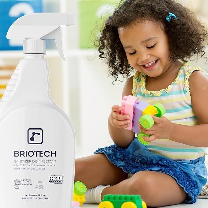 BRIOTECH Sanitizer Disinfectant Hypochlorous Spray, Kills 99.99% of Viruses & Bacteria, Eliminates Odor, Gentle for Nurseries & Play Rooms, Rinse Free Surface Sanitizer, 32 fl oz (Pack of 2)