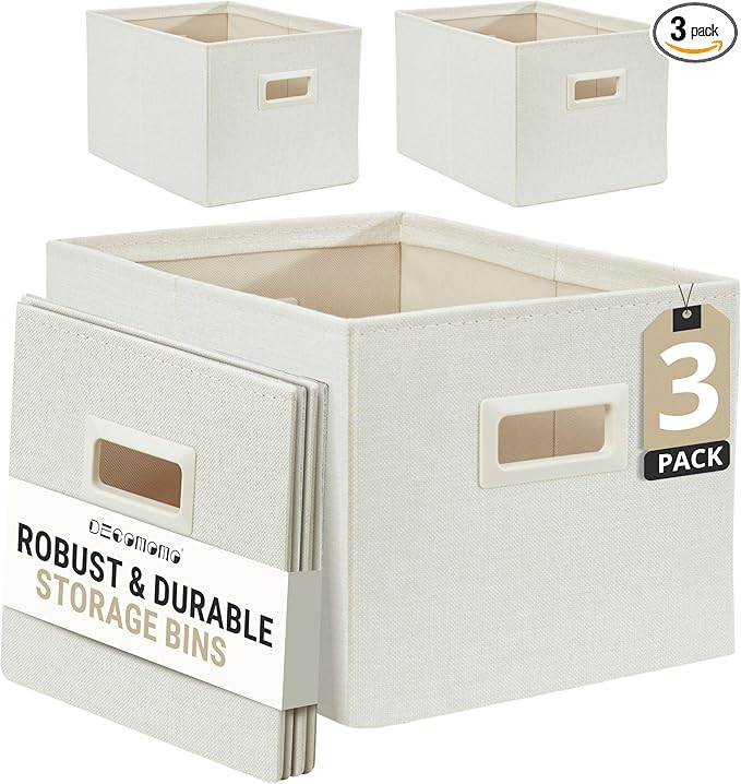 DECOMOMO Storage Bins for Shelves Robust Fabric Closet Bins for Shelves Toy Storage Clothes Books (Pack of 3 – Beige)