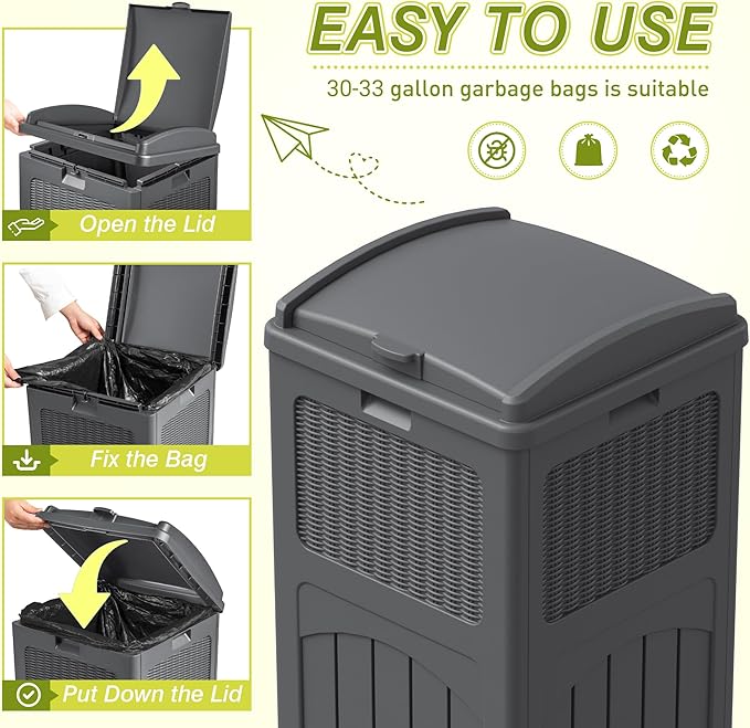 Greesum 33 Gallon Outdoor Trash Can with Lid, Waterproof Resin Garbage Bin for Hideaway, Deck, Patio, 4 Pack, Gray