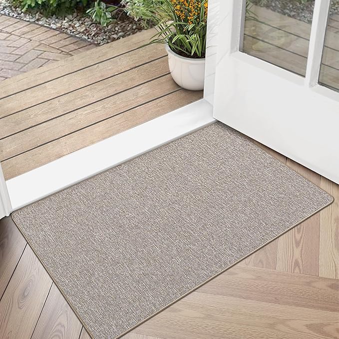 LUMI Ultra Thin Door Mat for Entryway, 24"x36" Low Profile Non Slip Rubber Backing Indoor Doormat, Easy Clean Welcome Entrance Mat for Inside House, Patio, Khaki