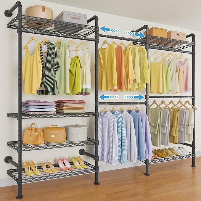 Timate F3 Garment Rack Heavy Duty Clothes Rack for Hanging Clothes, Expandable Industrial Pipe Wall Mounted Clothing Racks, Adjustable Storage Wardrobe Closet Kit Walk in Closet Systems, Black