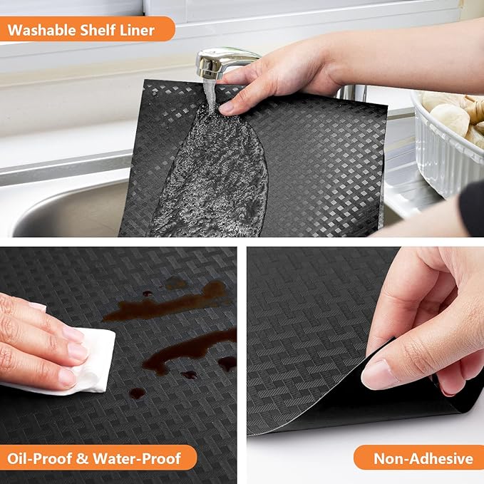 Shelf Liners for Kitchen Cabinets Refrigerator Liners Waterproof & Oil-Proof Kitchen Cupboard Liner Non-Slip Drawer Mats EVA Non Adhesive Fridge Liner for Shelves - Black 17.5 x 78.7 Inch