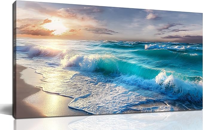 GUGIKA Ocean Wall Art for Living Room, Blue Wave and Large Coastal Beach Canvas Wall-Decor for Bedroom, Gold Sun Scenery Pictures for Hallway Office, Size 40x20 Inches