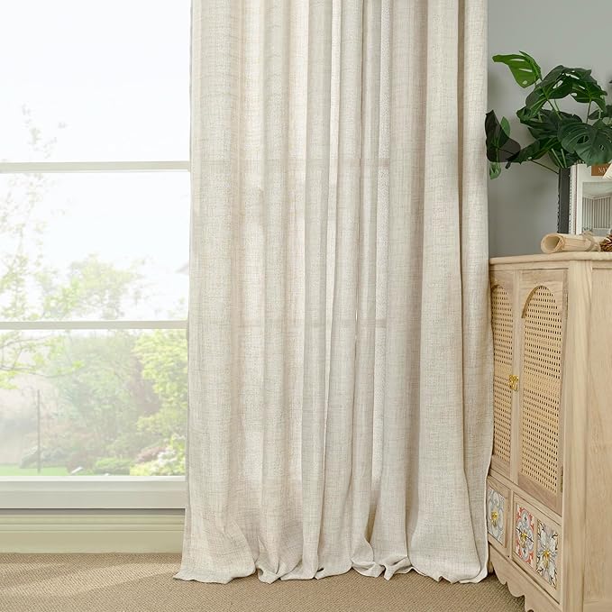 YoungsTex Linen Curtains for Living Room 2 Panels - Ivory Cream Light Filtering Drapes with Back Tab Rod Pocket Rustic Semi Sheer for Country Bedroom, 52 X 72 Inch