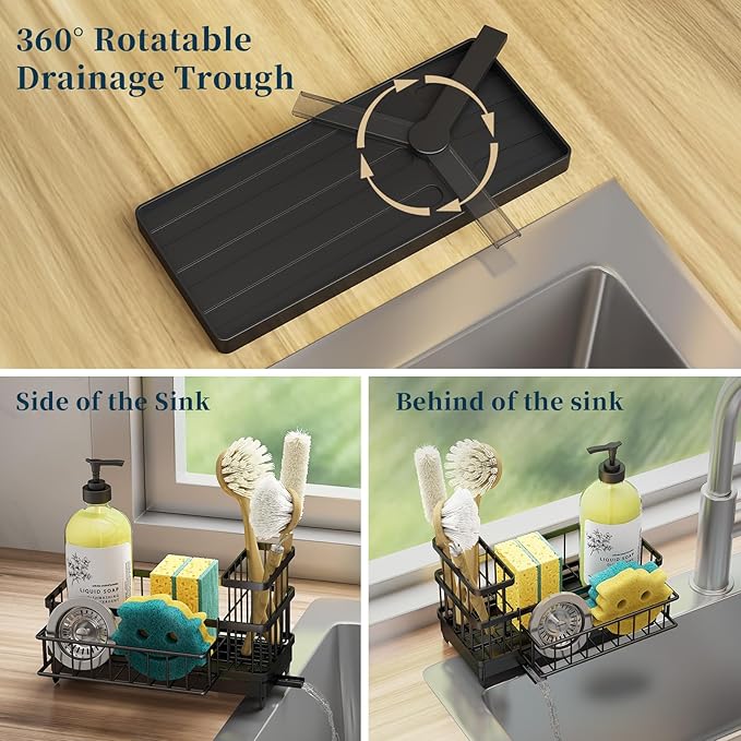 Consuemst Sponge Holder for Kitchen Sink - Auto Draining Sink Caddy Organizer with Detachable Rack, High Brush Holder, Kitchen Countertop Storage Accessories, Black