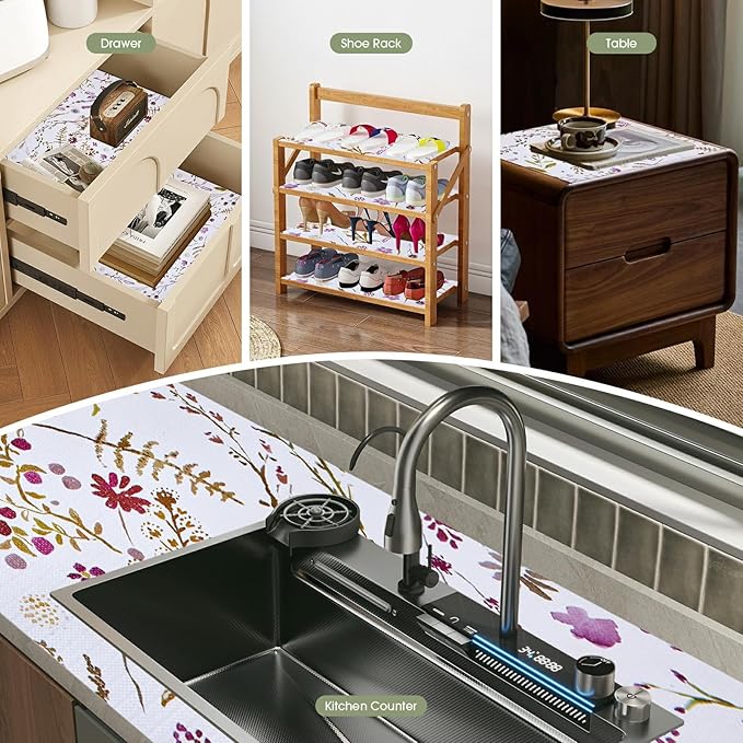 Drawer and Shelf Liner for Kitchen Cabinets 12INx20FT, Non Adhesive, Non Slip Floral Cabinet Shelf Drawer Liner Shelf Paper for Kitchen, Waterproof Cupboard Liners (Colorful Floral)