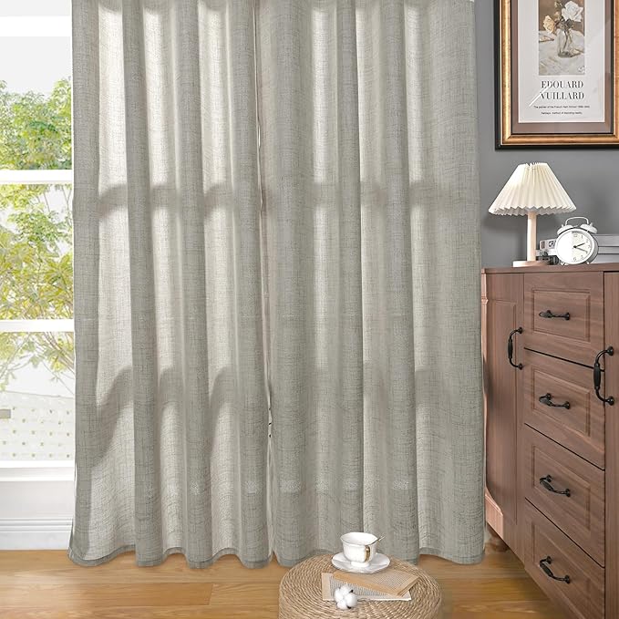 YoungsTex Dark Grey Linen Curtains 63 Inch Length for Living Room, Light Filtering Semi Sheer Drapes Back Tab Rod Pocket for Bedroom Office Lightweight Window Treatments, 42 X 63 Inch, 2 Panels