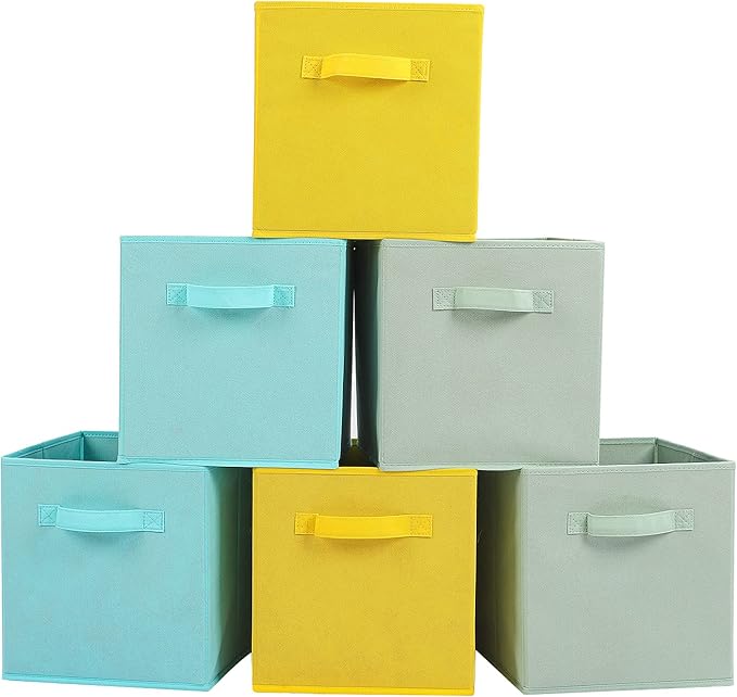 Stero 13x13x13 Inch Fabric Storage Bins 6 Pack Fun Colored Storage Cubes with Handles Foldable Cube Baskets for Home, Kids, Closet and Toys Organizer, Cyan, Green, Yellow