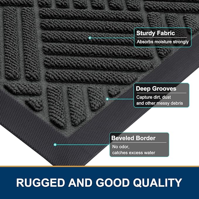 Smiry Front Door Mat Outside Entrance, Heavy Duty Outdoor Indoor Natural Rubber Doormat, Non Slip, Trap Dirt and Moisture, Easy Clean, Low Profile Patio Porch Entryway Mat, 71x23, Black