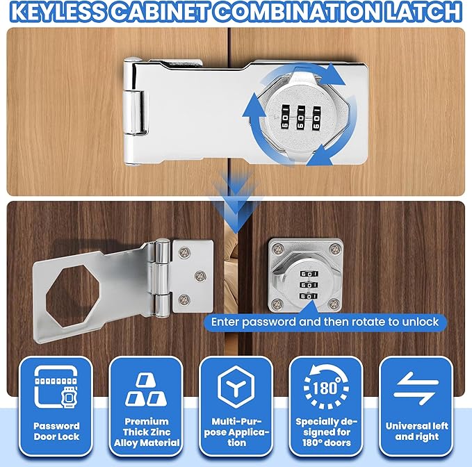 Keyless Cabinet Lock with Combination Code - 3-Digit Password Hasp Latch Lock for Drawers, Bifold Closet Door and Double Sided Door (Silver, 4.5 Inch, 2 Pack)