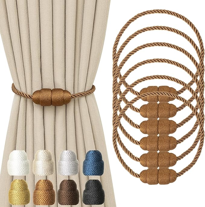 Magnetic Rope Curtain Tiebacks 6 Pack Holders for Drapes and Curtains, Khaki