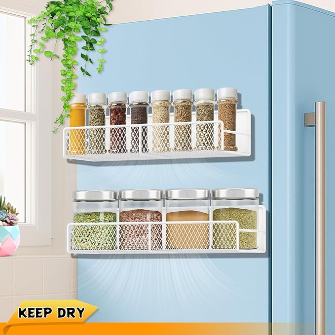 2 Pack Magnetic Spice Rack for Refrigerator, White Magnetic Shelf with 4 Removable Hooks, Rustproof Magnetic Shelf for Fridge, Oven, Condiments, Oils, Seasoning Spice Organizer