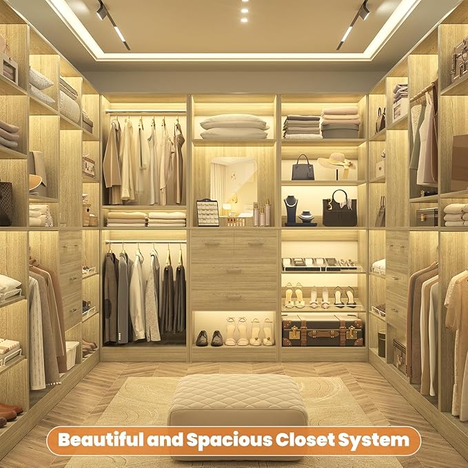 Unikito 25” Closet System, Freestanding Closets Organizer Wardrobe with Hanging Rods and Shelves, Adjustable Clothes Garment Racks, Sturdy Walk in Closet Tower, 25"W x 16"D x 80"H, White Oak