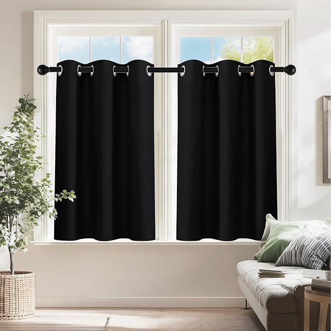 PONY DANCE 30 Inch Length Curtains Vlances - Blackout Thermal Insulating Drapes for Home Theatre Bathroom Kitchen Basement Cafe RV Camper Windows Blinds (Black, 29 Inches Wide by 30 Inches Long)