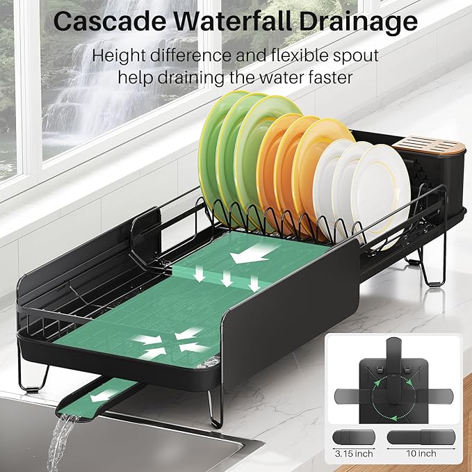 Dish Drying Rack - Large Dish Racks for Kitchen Counter, Expandable Dish Drainers with Cutlery Holder Stainless Steel Rustproof, Black