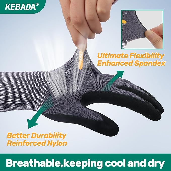 Kebada W2 Safety Work Gloves, Micro-Foam Nitrile Coated Gloves, Touchscreen,Ideal for Package Handling, Gardening, Construction, 1 Pair X-Small