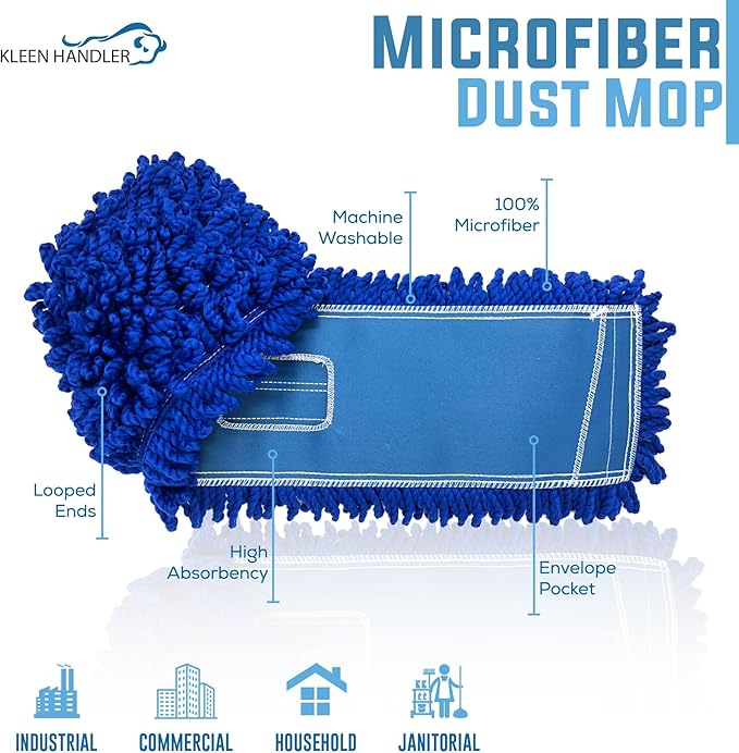 KLEEN HANDLER 36 Inch Microfiber Dust Mop Bulk Pack of 12, Large Washable Commercial Mop Head Replacement, Sweeper, Janitorial Supplies, Blue