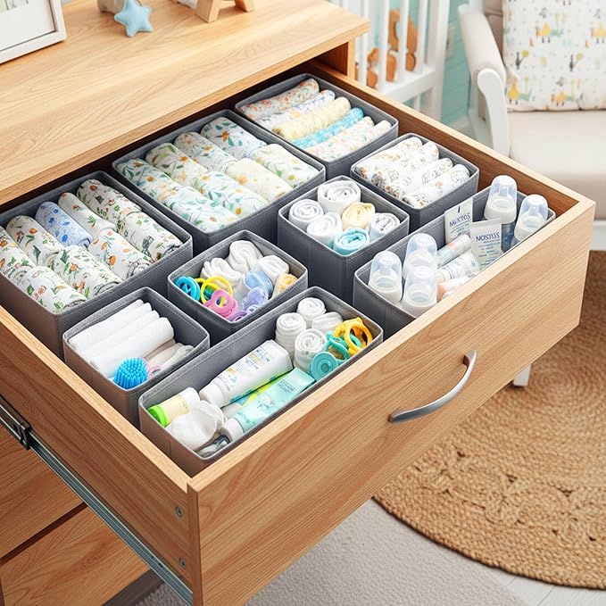Cupic Cupid Drawer Organizer, Dresser Organizers, Foldabe Drawer Organizer Clothes, Closet Organization and Storage Dividers for Socks, Underwear and Diaper, Set of 12, Gray