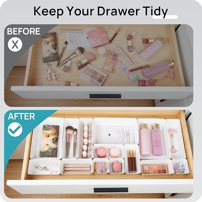 Vtopmart 44 PCS Plastic Drawer Organizers Set, 4-Size Versatile Bathroom and Vanity Organizer Trays, Non-Slip Storage Containers for Makeup, Jewelries, Bedroom，Kitchen Utensils and Office, White