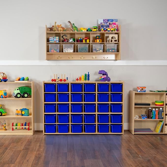 Wood Designs Cubby Storage Bin, Heavy Duty Plastic Containers for Kids Blue Cubby Tray Set of 25