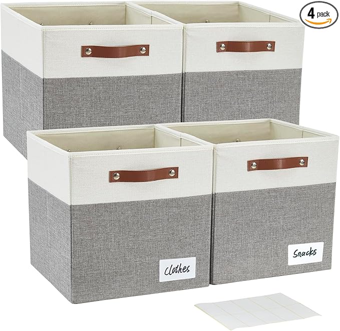 Collapsible Fabric Storage Cube Bins with 2 Reinforced PU Handles, Foldable Storage Organizer Baskets for Closet, Shelves, Living Room | 11"x11"x11", 4 Pack, Gray & White
