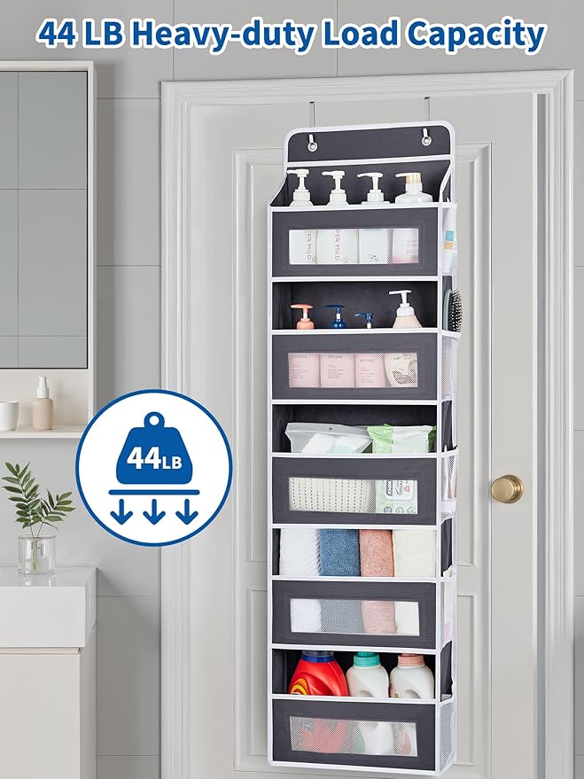 JARLINK 2 Pack Over The Door Organizer, 5 Shelf Door Hanging Organizer with 5 Large Pockets, 44 lbs Weight Capacity Hanging Storage for Bathroom, Bedroom, Nursery, RV, Pantry (Dark Grey)