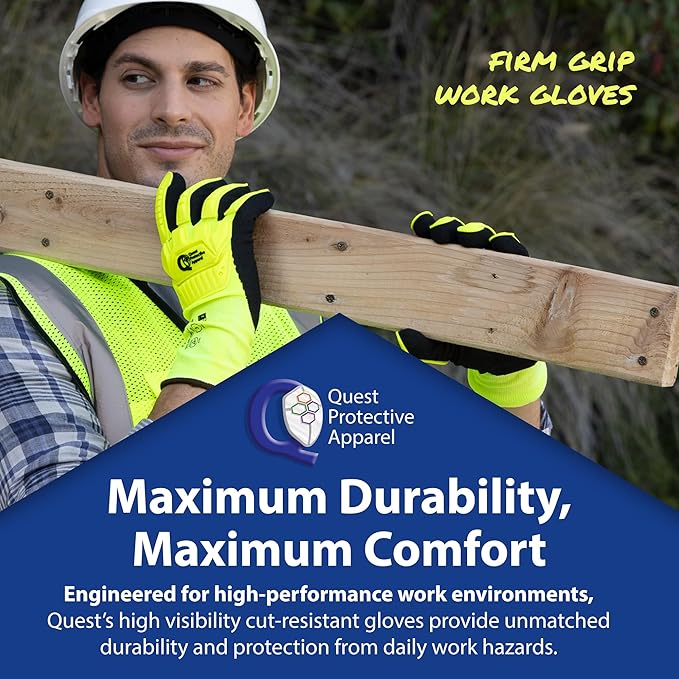 Quest Protective Apparel - High Visibility Cut Resistant Work Gloves - Puncture Resistant Safety Gloves for Men and Women Large, 1 Pair