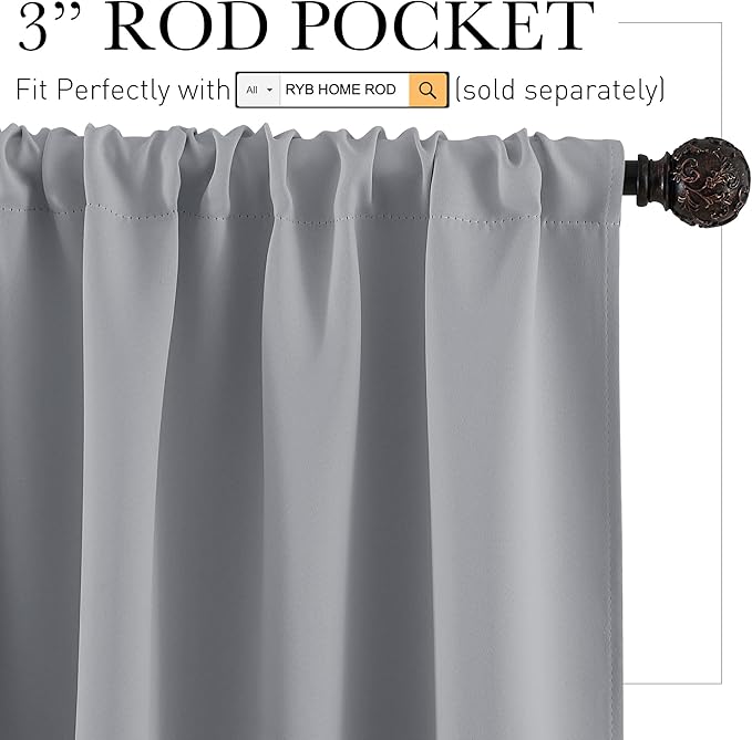 RYB HOME Half Window Curtains - Sunlight Block Privacy Curtains Thermal Insulated Drapes for Kitchen Cafe Kids Nursery Bedroom Living Room, W 29 x L 24 Each, Silver Grey, 2 Panels