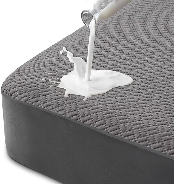 Hanherry 100% Waterproof Queen Size Mattress Protector, Grey, Rayon Made from Bamboo Terry Surface, 3D Air Fabric, 16 inch Deep Pocket, Cooling, Noiseless, Smooth, Breathable, Fits 21 inches