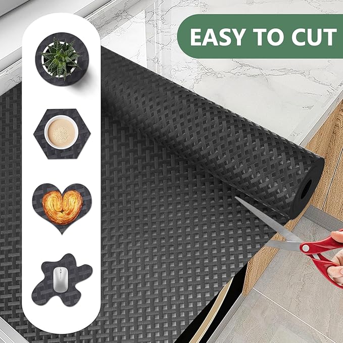 Shelf Liners, Non-Adhesive Drawer Liner, Waterproof & Oil-Proof Kitchen Cabinet Cupboard Liner Plastic EVA Material BPA Free Fridge Liner Mats Paper Protector for Shelves (Black/20in x 240in)