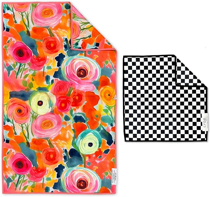 Microfiber Hand Towel & Washcloth Set of 2 - Double-Sided, Waffle Weave, Super Absorbent, Lint-Free, Fast Drying - Pia & Fonnie Pattern for Bathroom, Kitchen, Car, and Window Cleaning