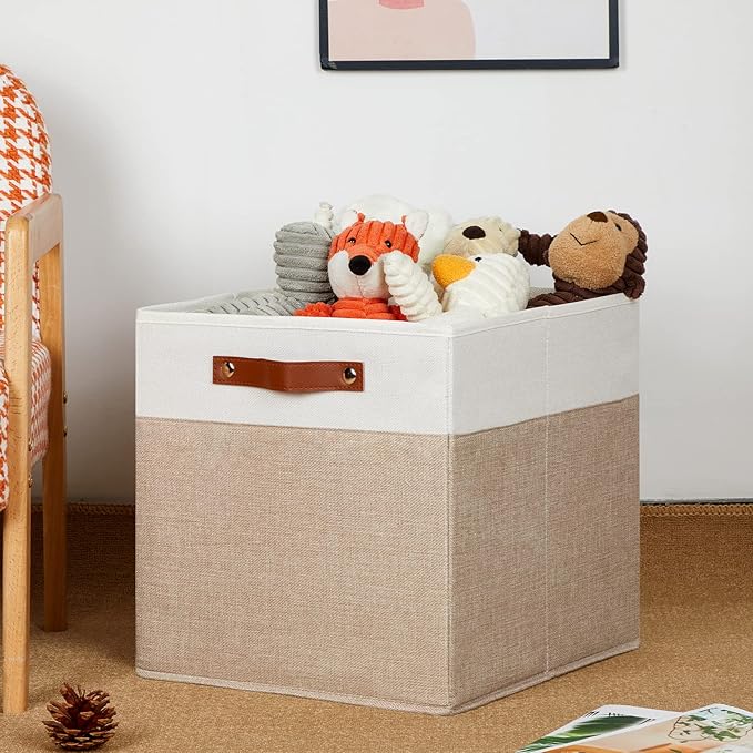 DULLEMELO Cube Storage Bins,13 x 13 x 13 inch Fabric Storage Cubes for Organizing,Collapsible foldable Linen Canvas Closet Storage Bins for Shelves Closet Bedroom Toys Home Office(White&Khaki-4 Pack)