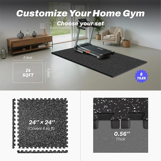 AIRHOP 0.56in Thick 24 Sq Ft Exercise Equipment Mats, 6 Tiles Upgraded Rubber Top with High Density EVA Foam, Large Interlocking Puzzle Gym Flooring for Home Gym, Heavy Weight Workout, 24 x 24in