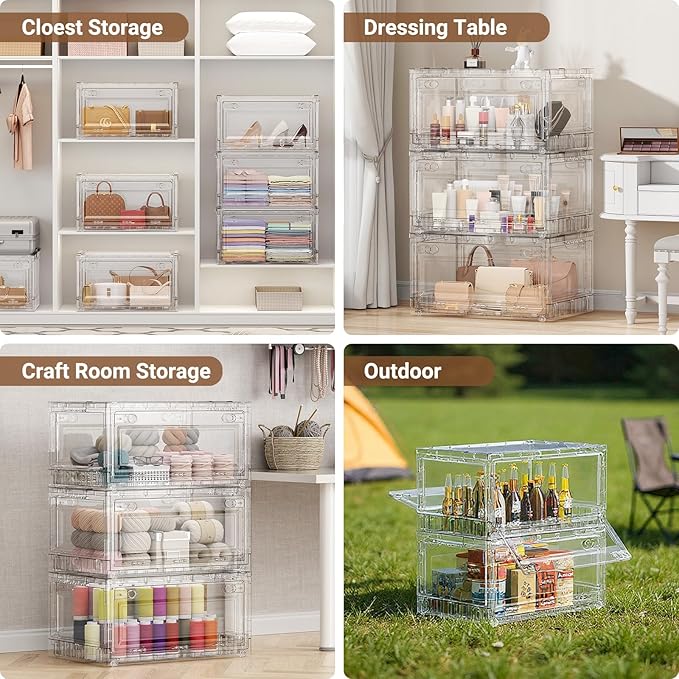 BROVIEW Clear Stackable Storage Bins Drawers, Open Front Large Plastic Storage Bins with Lids, Foldable Closet Organizers and Storage for Wardrobe Cabinets, Pantry, Makeup,5 Pack