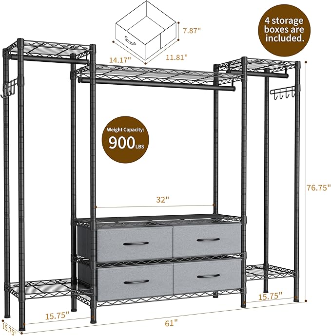 Large Garment Rack Heavy Duty Clothes Rack,Freestanding Closet Portable Clothing Rack with 8 Adjustable Wire Shelves,3 Hang Rods,4 Fabric Drawers,2 Hooks,Metal Closet Storage Wardrobe,MaxLoad 900lbs