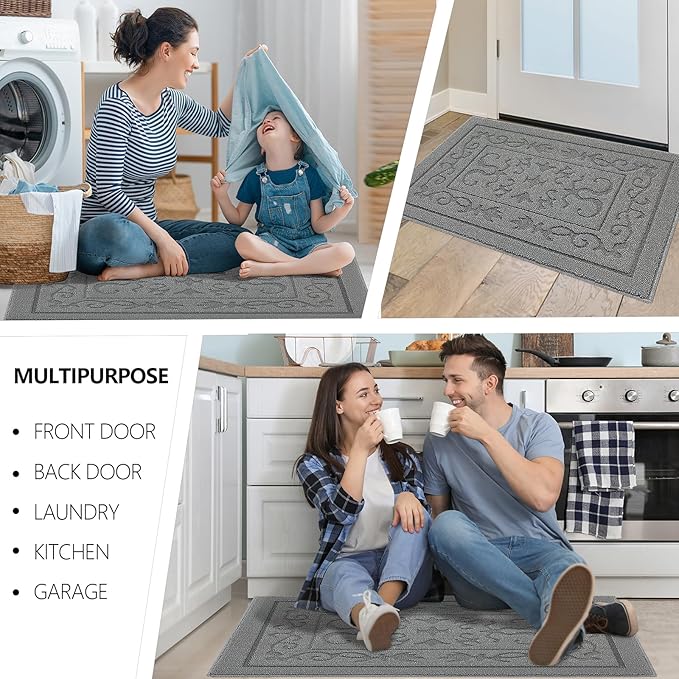 FONEYI Indoor Door Mat 20" x 32", Dirt Trapper Door Mats Non-Slip Entryway Rugs Washable, Absorbent Resist Dirt Welcome Mat, Low Profile Inside Floor Mats for Front Back Door and Entryway, Light Grey