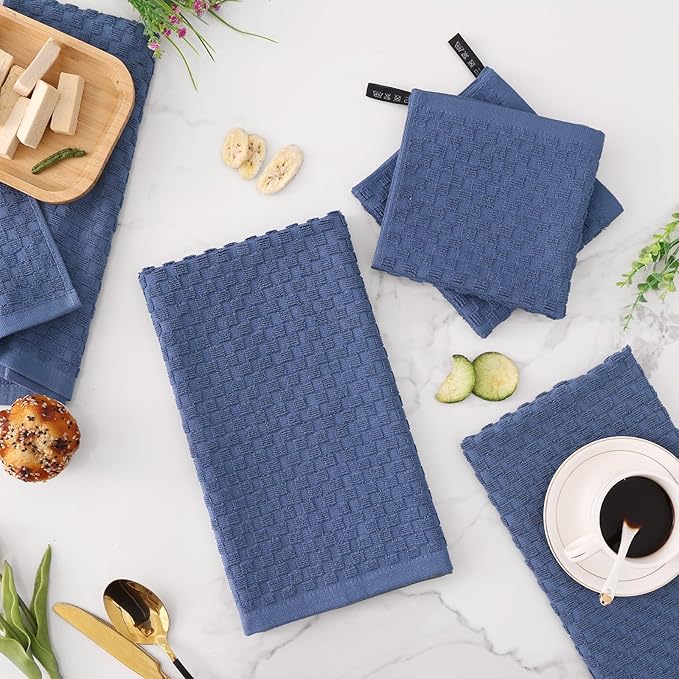 Fintale 100% Cotton Kitchen Towels and Dishcloths Set, 12 x 12 & 15 x 25 Inches, Set of 12 Bulk Super Soft and Absorbent Terry Cloth Dish Towels, Quick Drying Hand Towels with Hanging Loop, Navy Blue