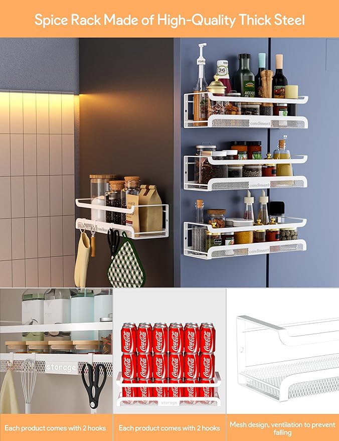 Spice Rack Wall Mount with Hooks - Spice Racks Organizer for Cabinet Storage, Wall Mounted Hanging Shelf Seasoning Organizer, for Kitchen, Pantry Door, Bathroom (White, 1 Pack)