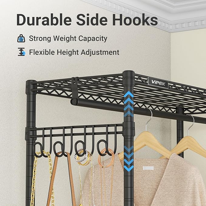 VIPEK R3C Plus Garment Rack - Rolling Clothes Rack with Locking Wheels, Heavy Duty Portable Closet with Adjustable Shelves & Side Hooks, Black